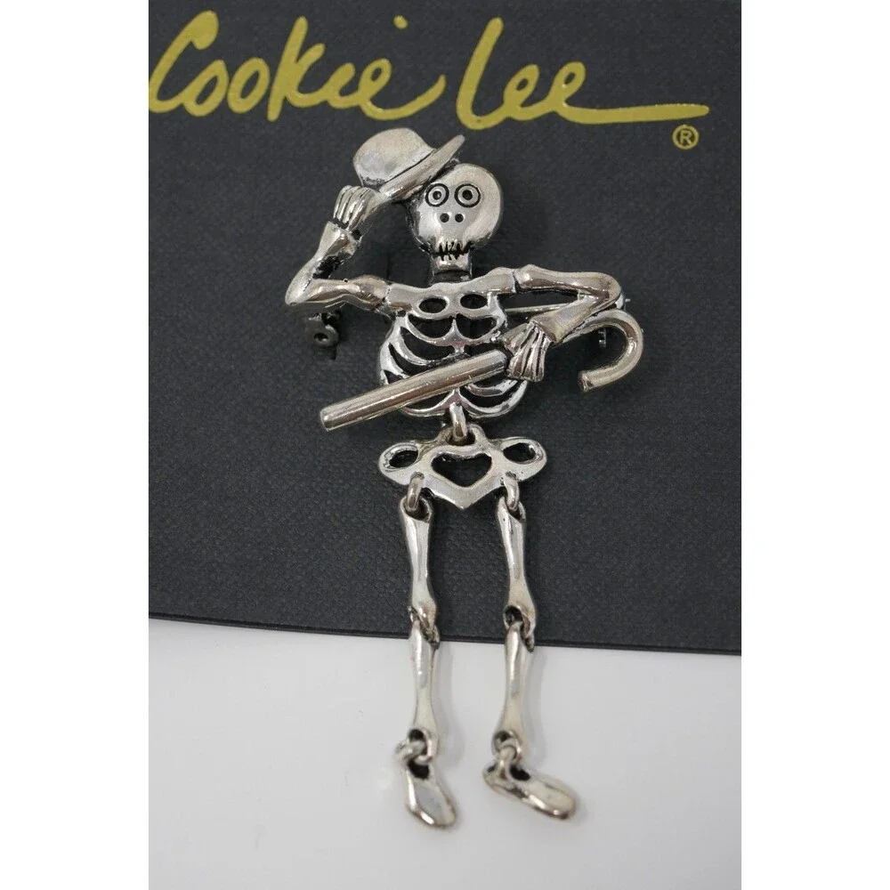 Cookie Lee Halloween Punk Goth Articulated Dangling Silver Skeleton Brooch NWT